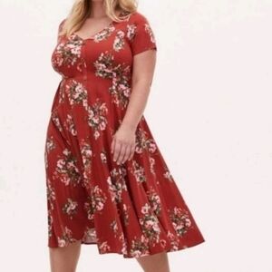TORRID MIDI DRESS FAUX BUTTON FRONT CHALLIS RED FLORAL ROSES WOMEN 2 2X FALL